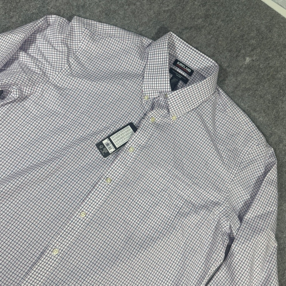 Kirkland Signature Mens 17 32/33 Purple Check Pima Cotton Non-Iron Dress Shirt